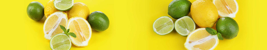 Скинали для кухни: Лайм и лимоны на жёлтом столе