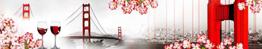 Цветение красного кизила с видом на Мост в Сан-Франциско